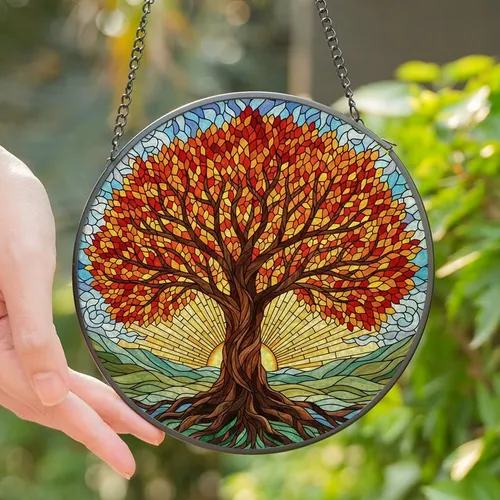 Nature Lovers' Vibrant Edge-to-Edge Stained Glass Tree of Life Autumn Jewel Tone Mosaic Sunburst Sky Stained Glass Suncatcher