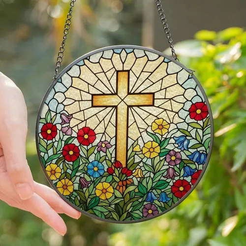 Faithful Individuals' Radiant Golden Amber Cross Stained Glass, Vibrant Jewel Tone Floral Mosaic Stained Glass Suncatcher