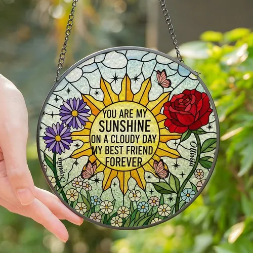 Thoughtful Gifting Tiffany Style Stained Glass Sunshine Quote Red Rose Purple Aster Wildflower Mosaic Stained Glass Suncatcher