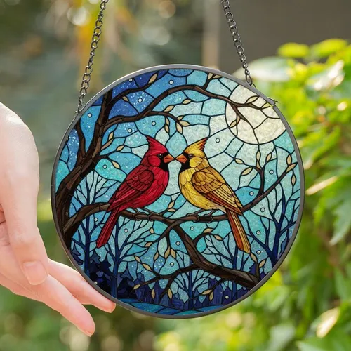 Nature Lovers' Vibrant Tiffany Stained Glass Cardinals Winter Moonlit Landscape Mosaic Stained Glass Suncatcher