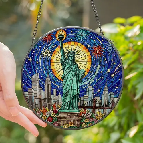 Liberty Icon Art Fans' Vibrant Stained Glass Statue of Liberty Cityscape, Fireworks, Jewel Tone Moon & Starry Sky Stained Glass Suncatcher