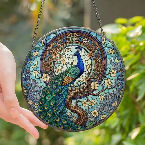 Art Lovers' Intricate Stained Glass Peacock Steampunk Jewel Tone Floral Celestial Stained Glass Suncatcher
