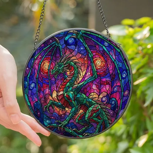 Fantasy Lovers' Majestic Stained Glass Dragon Nebula Cosmic Jewel Tone Art Stained Glass Suncatcher