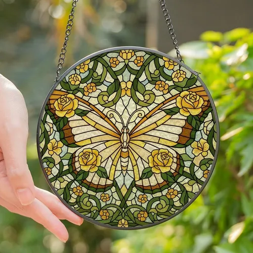 Butterfly Lovers' Golden Amber Green Tiffany Style Stained Glass Rose Mosaic Stained Glass Suncatcher