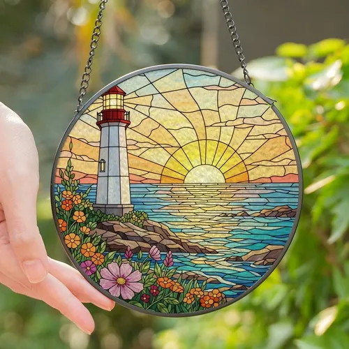Coastal Art Enthusiast's Glowing Stained Glass Lighthouse Sunset Wildflower Mosaic Stained Glass Suncatcher