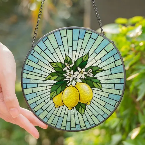 Nature Enthusiasts' Radiant Tiffany Inspired Stained Glass Lemons Yellow Green Blue Sky Mosaic Art Stained Glass Suncatcher