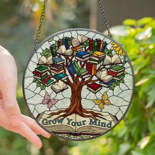 Lifelong Learners' Jewel Tone Stained Glass 'Grow Your Mind' Book Tree Butterfly Floral Mosaic Stained Glass Suncatcher