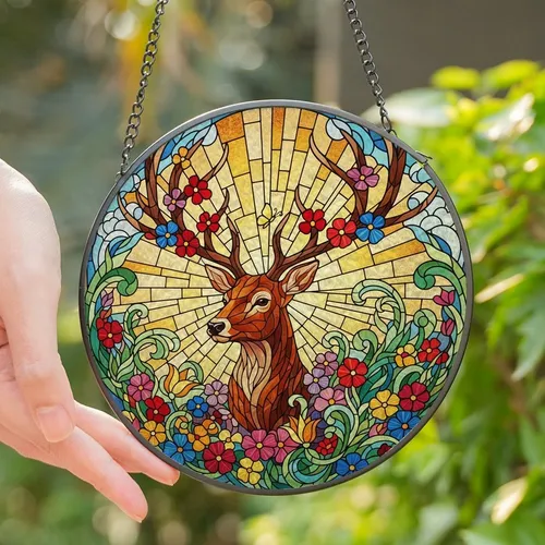 Nature Lovers' Majestic Deer Tiffany Stained Glass Floral Mosaic Rich Brown & Jewel Tones Stained Glass Suncatcher
