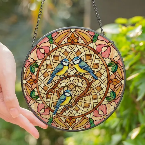 Art Lovers' Tiffany Style Stained Glass Blue Tits Pink Blossoms Amber Geometric Stained Glass Suncatcher