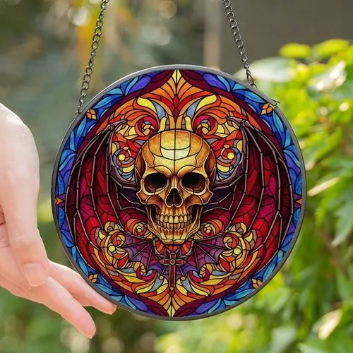 Bold Style Enthusiasts Vibrant Stained Glass Skull Bat Wings Mosaic Jewel Tones Organic Geometric Pattern Stained Glass Suncatcher