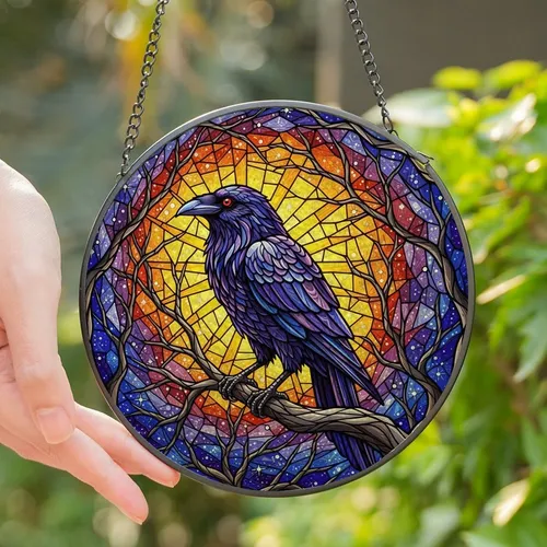 Nature & Art Lovers' Glowing Stained Glass Raven Jewel Tone Celestial Mosaic Design Stained Glass Suncatcher