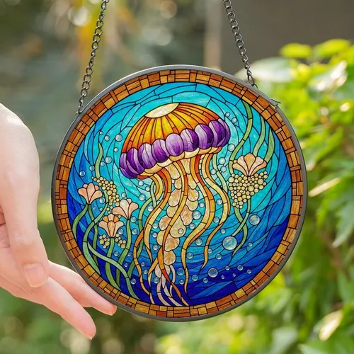 Nature Lovers' Intricate Tiffany Style Stained Glass Jellyfish Mosaic Vibrant Underwater Art Blue Green Purple Orange Stained Glass Suncatcher