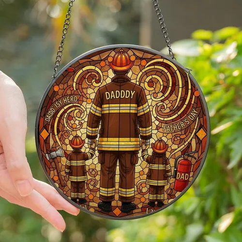 Dads' Hero Tiffany Style Stained Glass Firefighter Daddy & Kids Mosaic Brown Orange Green Stained Glass Suncatcher