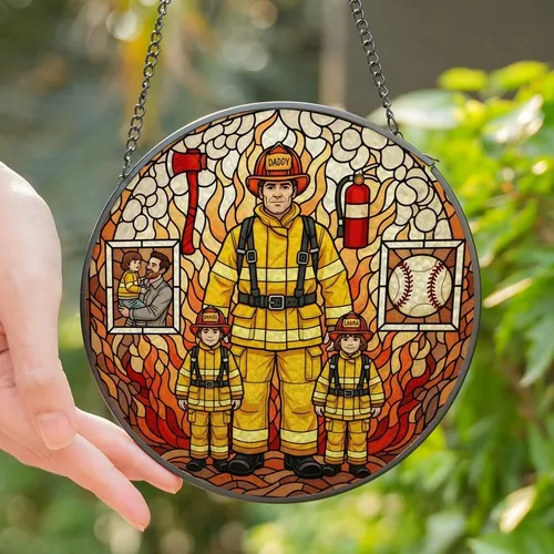 Firefighter Families' Vivid Stained Glass 'DADDY', Daniel & Laura Heroes Portrait with Fiery Amber Mosaic Stained Glass Suncatcher