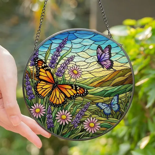 Nature Lovers' Vibrant Jewel-Toned Glowing Stained Glass Monarch Butterfly Floral Landscape Mosaic Stained Glass Suncatcher