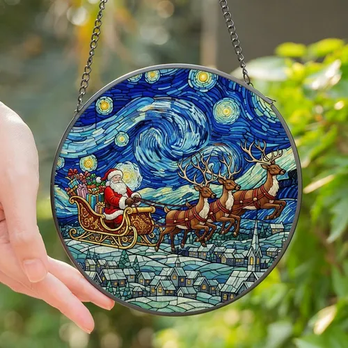 Christmas Enthusiast Densely Detailed Tiffany Stained Glass Santa Sleigh Reindeer Van Gogh Starry Night Village Mosaic Stained Glass Suncatcher