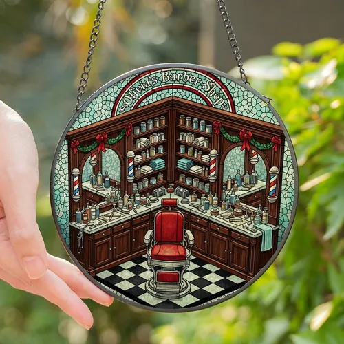 Retro Style Admirers' Tiffany Glass Barbershop Crimson Teal Antique Chair Mosaic Stained Glass Suncatcher