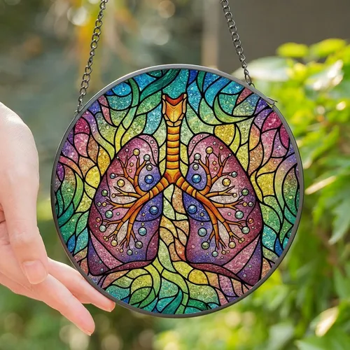 Art Lovers' Vibrant Stained Glass Human Lung Mosaic, Jewel Tones & Shimmering Detail Stained Glass Suncatcher