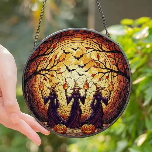 Witchy Aesthetic Fans' Tiffany Stained Glass Witches Jack-O'-Lanterns Full Moon Amber Purple Mosaic Stained Glass Suncatcher