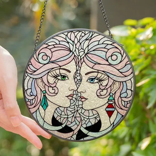 Art Lovers' Tiffany Style Stained Glass Abstract Faces Emerald Blue Eyes Pink Hair Ruby Teal Accents Geometric Mosaic Stained Glass Suncatcher