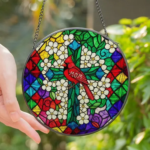 Mothers' Vibrant Stained Glass Cross & Cardinal Floral Jewel Tone Mosaic Design Stained Glass Suncatcher