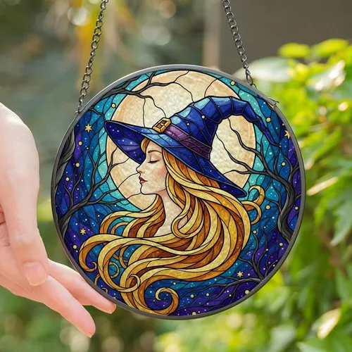 Fantasy Art Lovers' Tiffany Stained Glass Witch Profile Full Moon Jewel Tone Mosaic Stained Glass Suncatcher