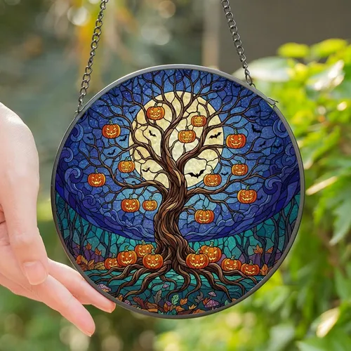 Fantasy Art Lovers' Mystical Tiffany Stained Glass Gnarled Tree, Jack-O-Lanterns, Luminous Moon, Blue Purple Orange Stained Glass Suncatcher