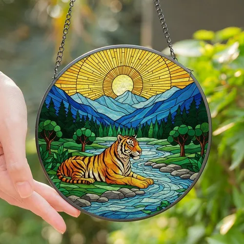 Wildlife Art Lovers' Tiffany Stained Glass Tiger River Mosaic Landscape Golden Orange Emerald Jewel Tones Stained Glass Suncatcher