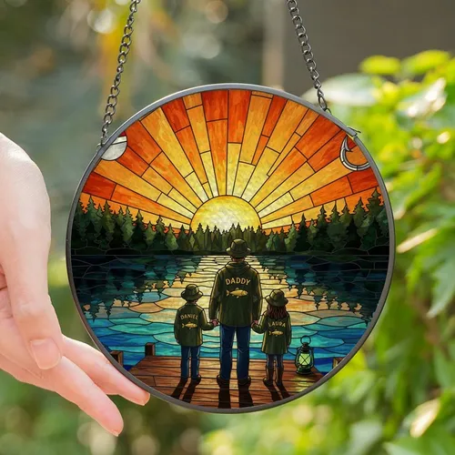Family Fishing Enthusiasts' Tiffany Stained Glass Lake Sunset Scene with Father, Kids, Olive Green & Warm Orange Jewel Tones Stained Glass Suncatcher