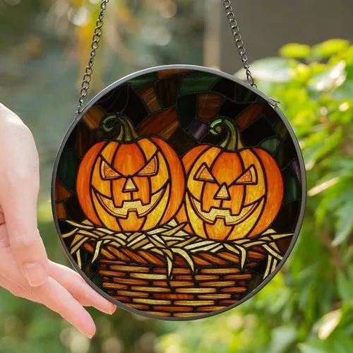 Halloween Enthusiasts' Vibrant Stained Glass Jack-O'-Lanterns, Wicker Basket, Edge-to-Edge Tiffany Art Stained Glass Suncatcher
