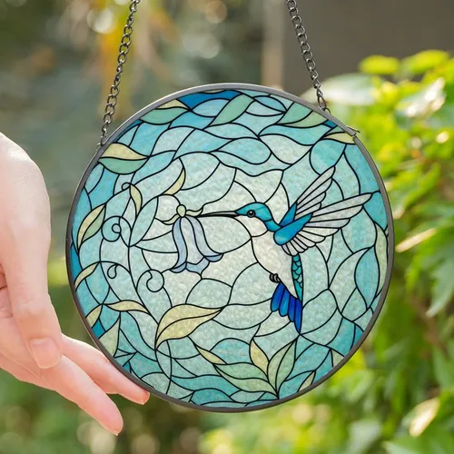 Nature Lovers' Tiffany Style Hummingbird & Campanula Royal Blue Stained Glass Mosaic Stained Glass Suncatcher