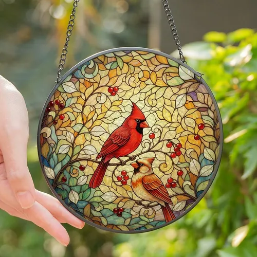 Bird Lovers' Vibrant Red & Cream Cardinal Pair Intricate Tiffany Stained Glass Botanical Art Stained Glass Suncatcher