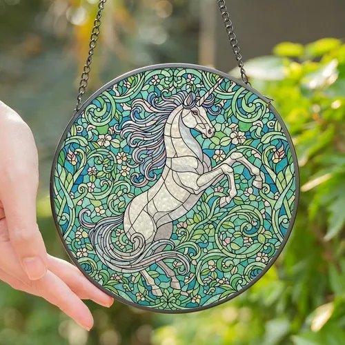 Fantasy Art Enthusiasts Tiffany Stained Glass Majestic Unicorn Swirling Floral Wave Mosaic Sky Blue Pastel Pink Design Stained Glass Suncatcher