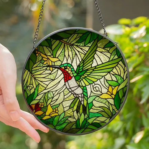 Nature Lovers' Jewel Tone Stained Glass Hummingbird Emerald Lime Tropical Art Stained Glass Suncatcher