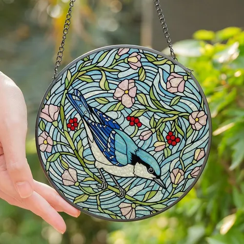 Nature Lovers' Tiffany Stained Glass Blue Bird Mosaic Azure Sapphire Intricate Floral Art Stained Glass Suncatcher