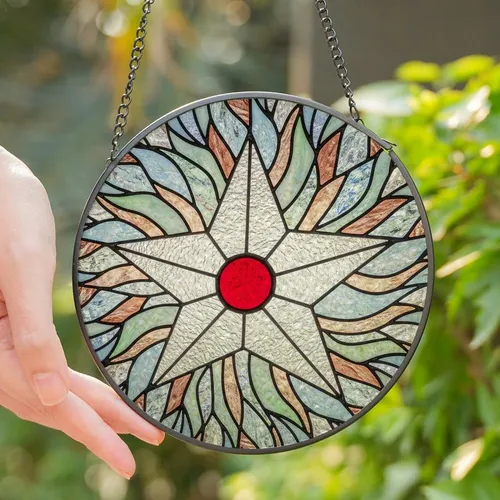 Art Lovers' Intricate Stained Glass Hexagram Ruby Red Iridescent Blue Green Copper Tiffany Mosaic Stained Glass Suncatcher