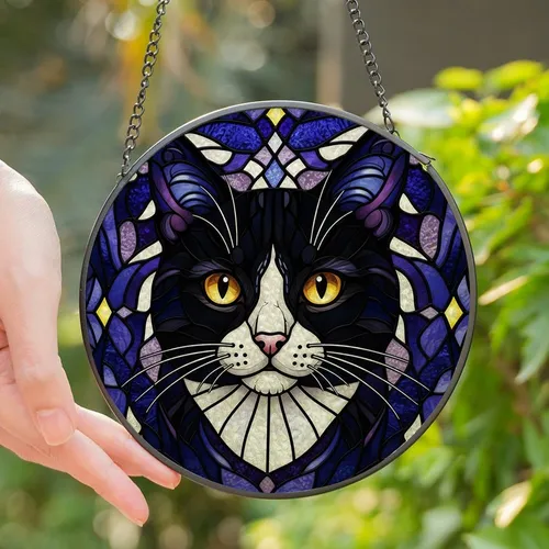 Cat Lovers' Tiffany Stained Glass Tuxedo Cat Mosaic, Indigo Violet Jewel Tones, High Contrast Art Stained Glass Suncatcher