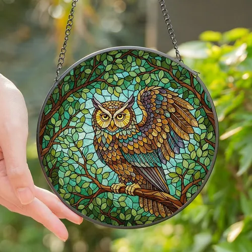 Nature Lovers' Intricate Tiffany Glass Owl Forest Canopy Amber Teal Violet Art Stained Glass Suncatcher