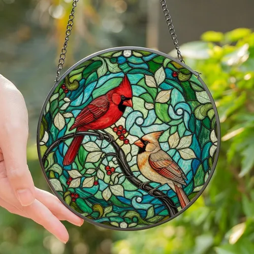 Nature Lovers' Tiffany-Style Stained Glass Cardinal Pair Vibrant Red Cream Orange Blue Green Floral Mosaic Stained Glass Suncatcher