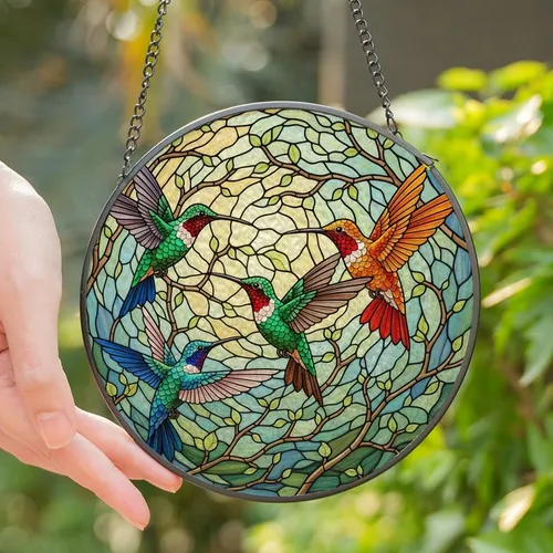 Nature Lovers' Vibrant Tiffany Stained Glass Hummingbird Garden Art, Ruby Emerald Sapphire Orange Rose Stained Glass Suncatcher