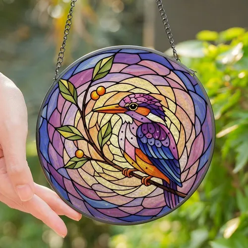 Nature Lovers' Intricate Stained Glass Kingfisher Mosaic Art with Purple Blue Orange Yellow Pink Hues Stained Glass Suncatcher