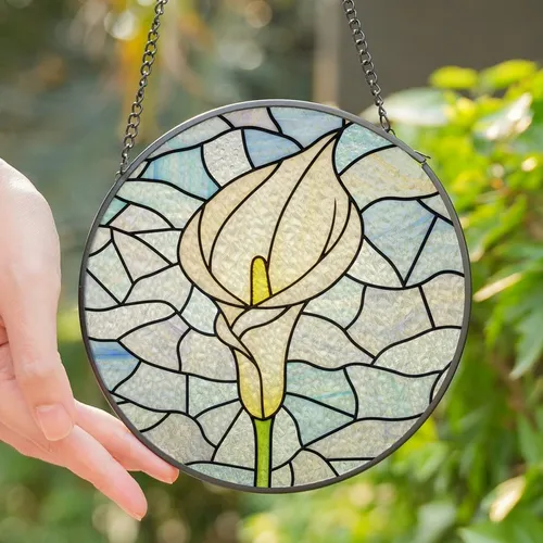 Nature Lovers' Tiffany Stained Glass Calla Lily White Yellow Green Jewel Tone Abstract Mosaic Pattern Stained Glass Suncatcher