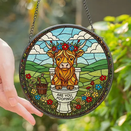 Whimsical Decor Lovers' Tiffany Style Highland Cow Toilet Art Floral Crown Pastoral Mosaic Orange Yellow Blue Stained Glass Suncatcher