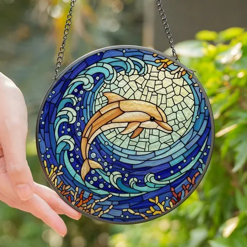 Ocean Lovers' Detailed Tiffany Stained Glass Leaping Dolphin Ocean Mosaic Warm Jewel Tones Stained Glass Suncatcher