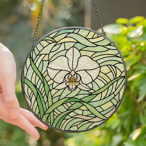 Nature Lovers' Tiffany Style White Orchid Stained Glass, Iridescent Jewel Tones & Abstract Swirls Stained Glass Suncatcher