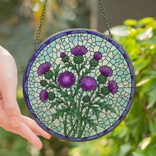 Nature Lovers' Intricate Tiffany-Style Stained Glass Purple Lavender Thistle Emerald Green Mosaic Pattern Stained Glass Suncatcher