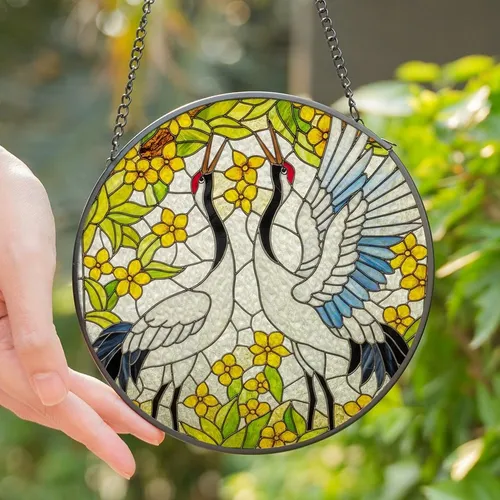 Art Lovers' Tiffany Style Stained Glass Red-Crowned Cranes Crimson Accents Yellow Green Foliage Mosaic Stained Glass Suncatcher