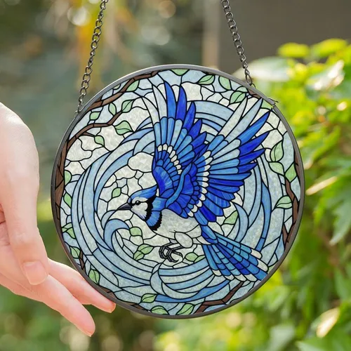 Artful Nature Lovers' Intricate Stained Glass Blue Jay Cobalt Sky Blue Tiffany Style Mosaic Stained Glass Suncatcher