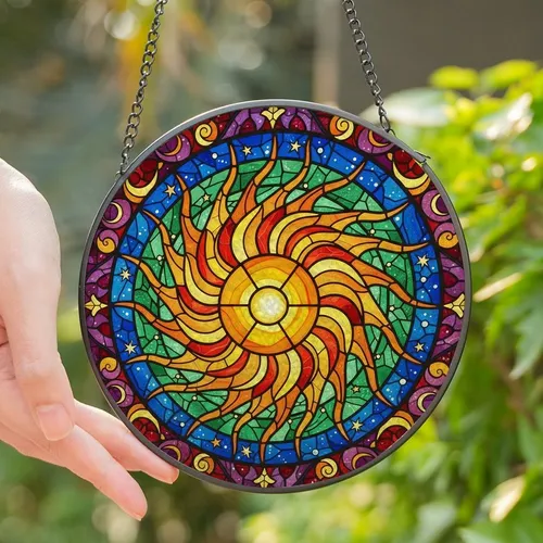 Art Lovers' Intricate Stained Glass Sun Ray Celestial Mosaic Jewel Tone Pattern Stained Glass Suncatcher