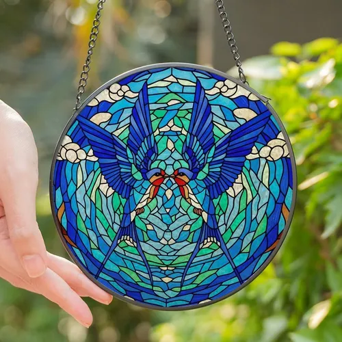 Nature Lovers' Tiffany Stained Glass Swallows Embrace Jewel Tone Mosaic Design Stained Glass Suncatcher